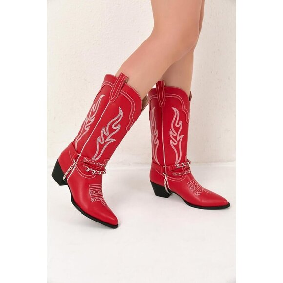🆕Women Red Cowboy Boot with Chain Pointy Toe Heel Pull on Style Western Boots - Picture 9 of 9